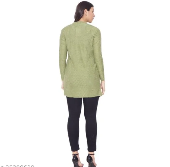 Clapton Women's Acrylic Green Blend Full Sleeve Winter Wear Long Cardigan/Shrug Beige - L, Green, Wool, Pack Of 1